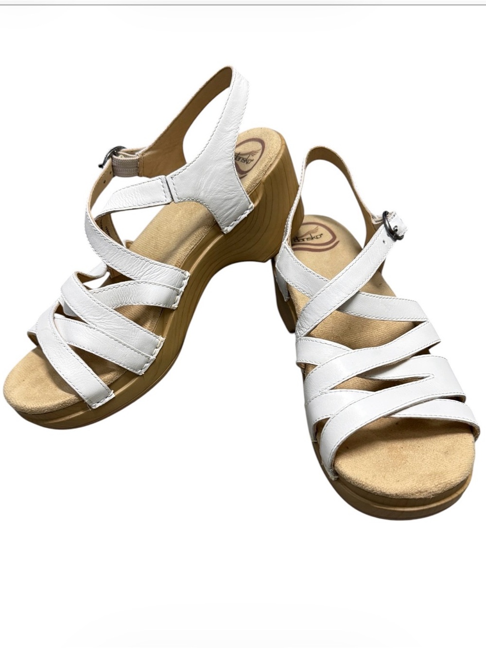 Dansko Season Leather Asymmetrical Crisscross Strappy Wedge Sandals White Size38